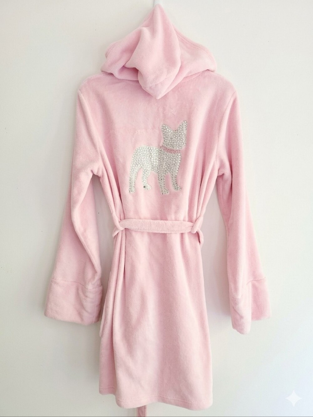 NWT P.J. Salvage Pink Plush Hooded Robe Rhinestone Frenchie Dog Medium